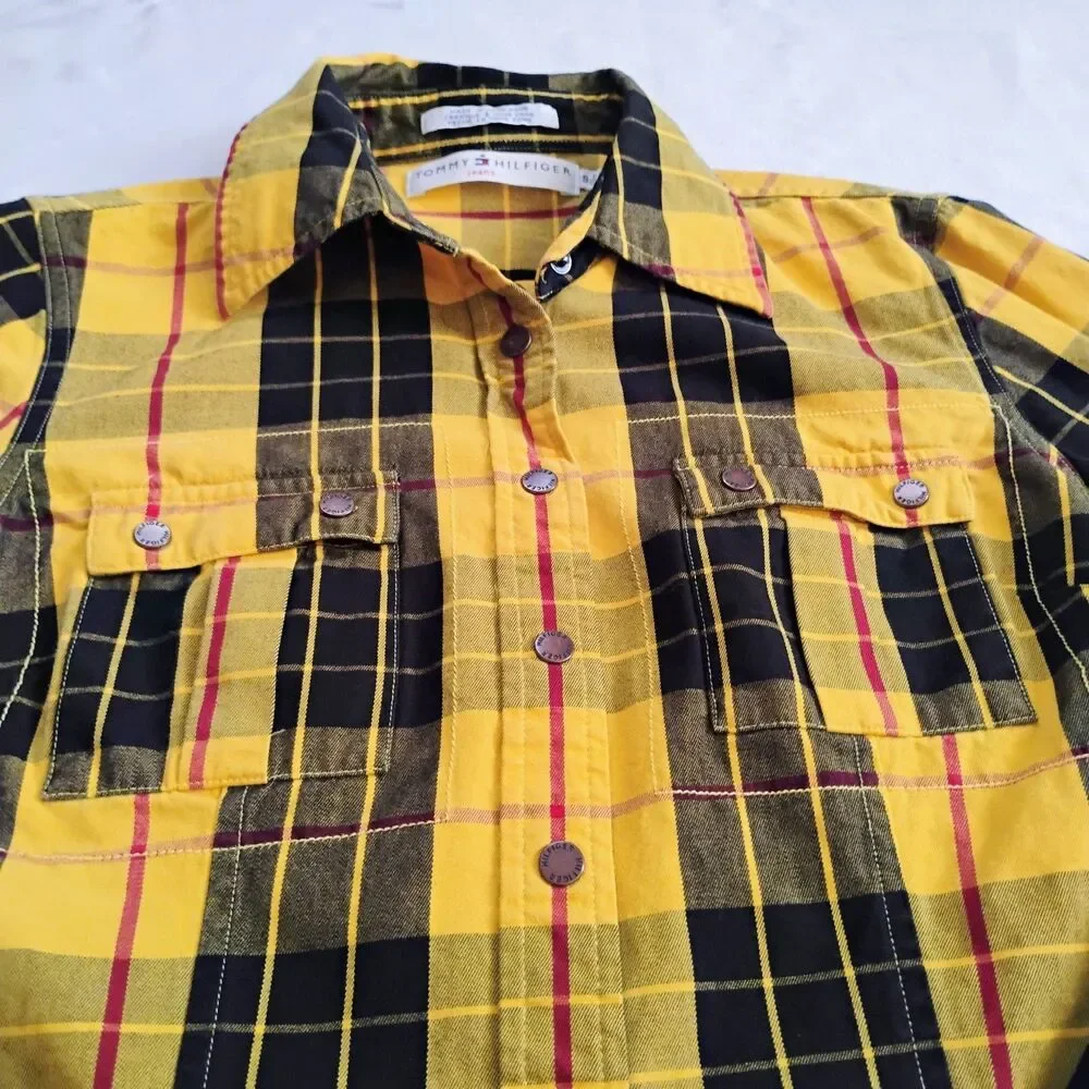 Tommy Hilfiger Y2K Yellow Plaid Flannel Shirt Small Clueless 2002 Snap Vintage - Picture 6 of 16